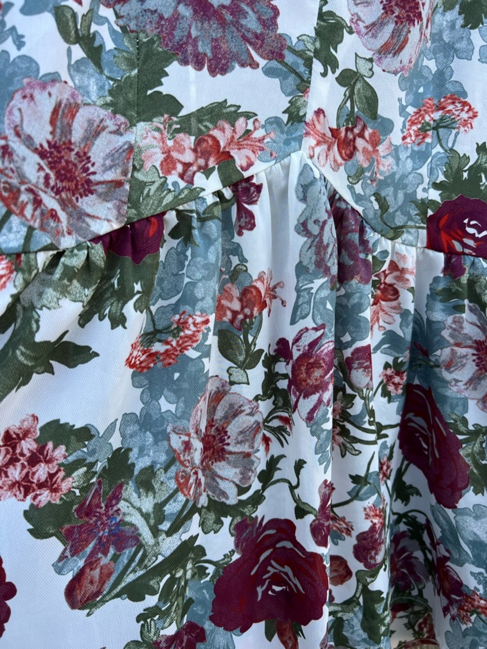Romantic Floral V-Neck Peplum Blouse in White, Burgundy & Sage - Picture 4 of 6